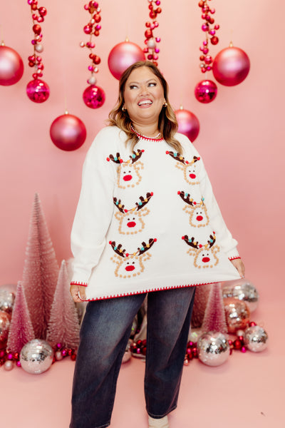 Ivory Pom Pom Detail Reindeer Sweater