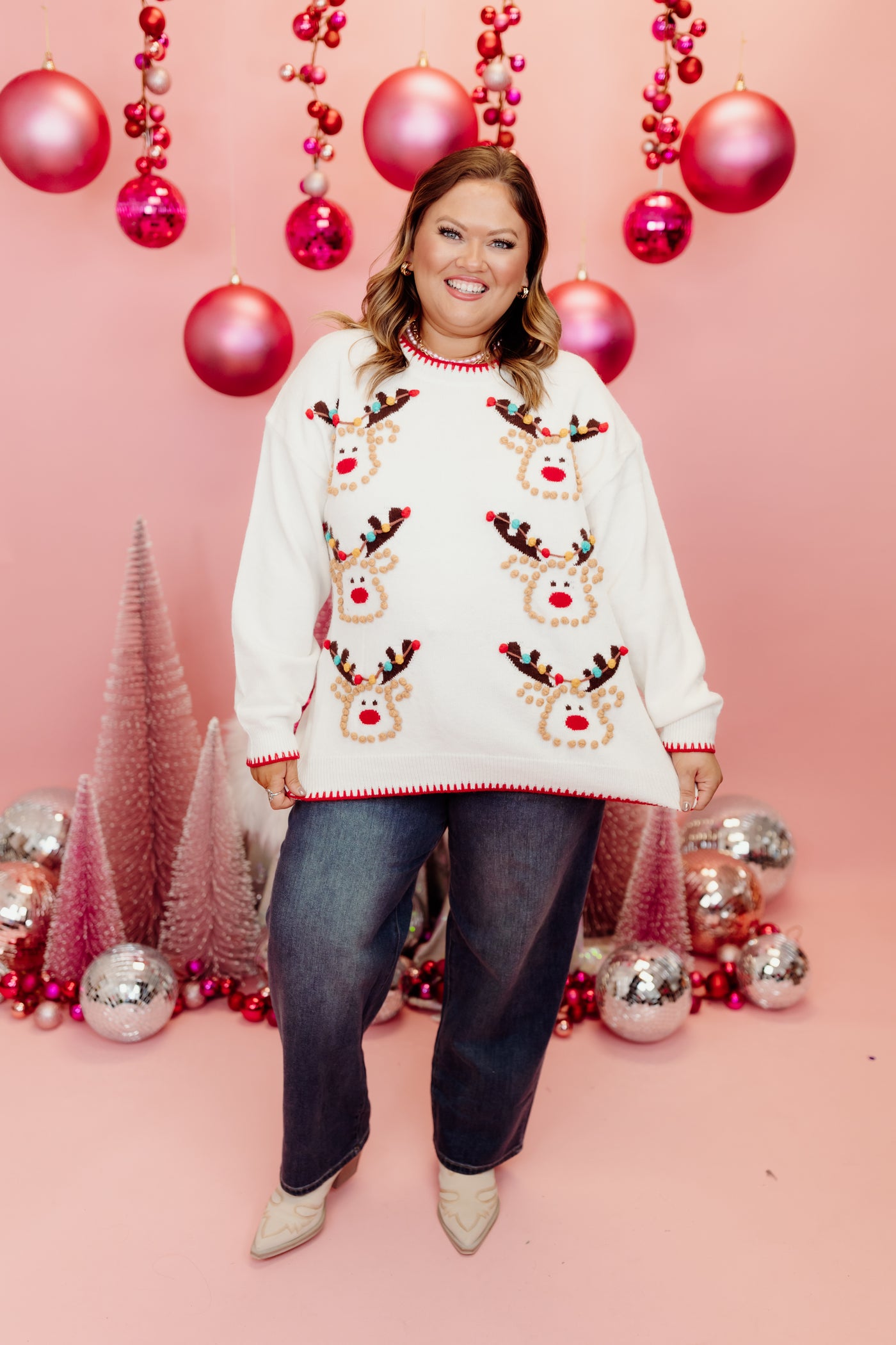 Ivory Pom Pom Detail Reindeer Sweater