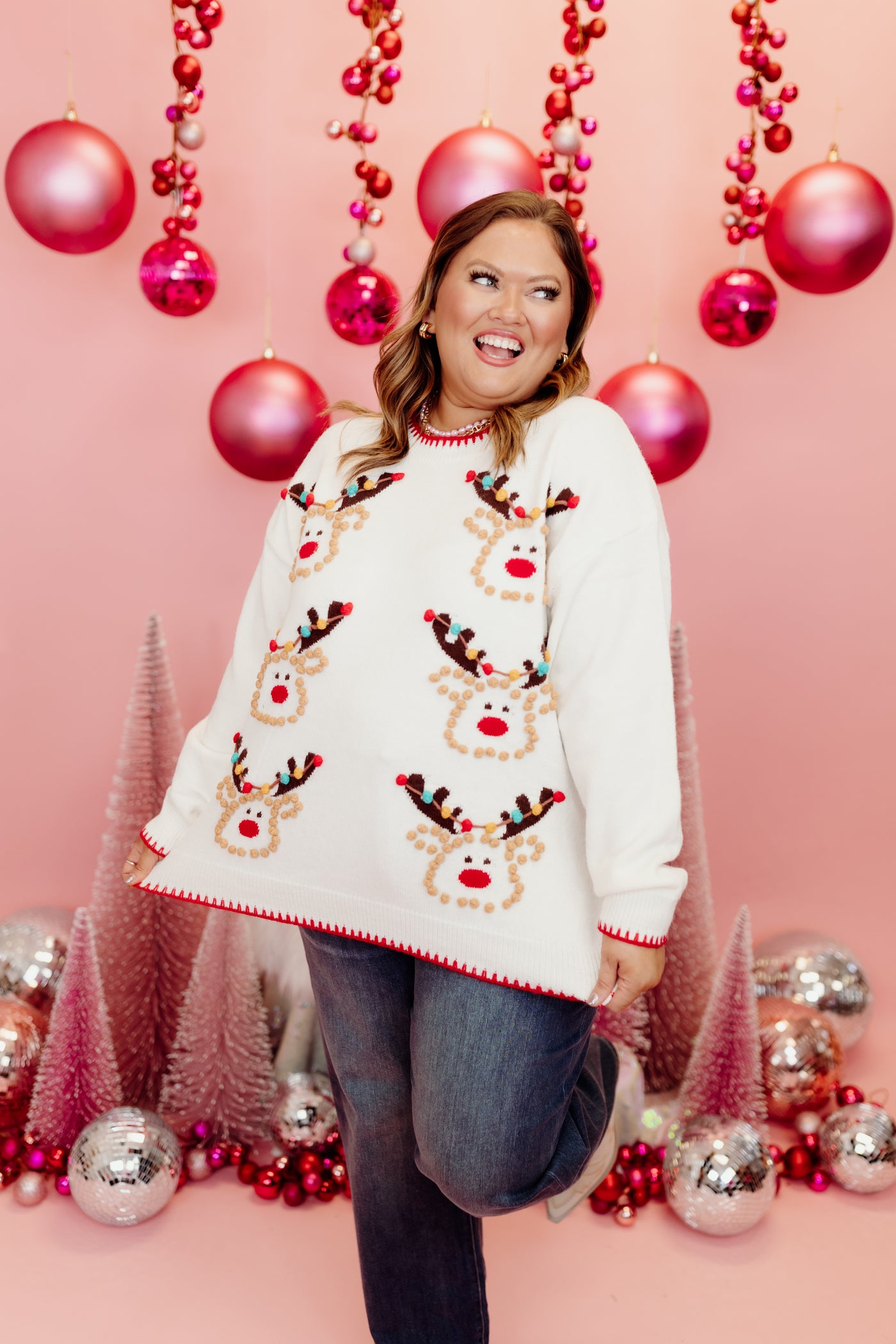 Ivory Pom Pom Detail Reindeer Sweater