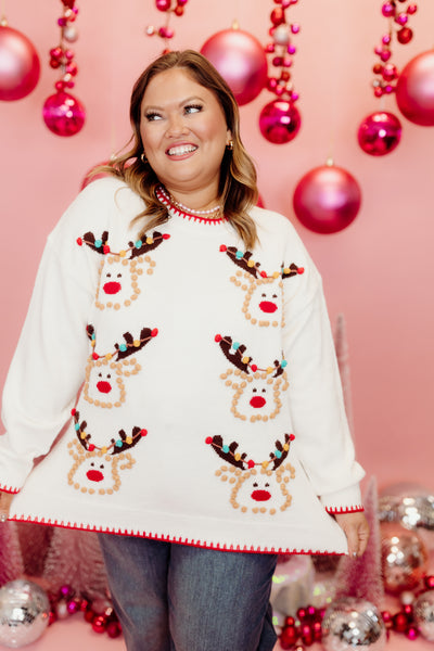 Ivory Pom Pom Detail Reindeer Sweater