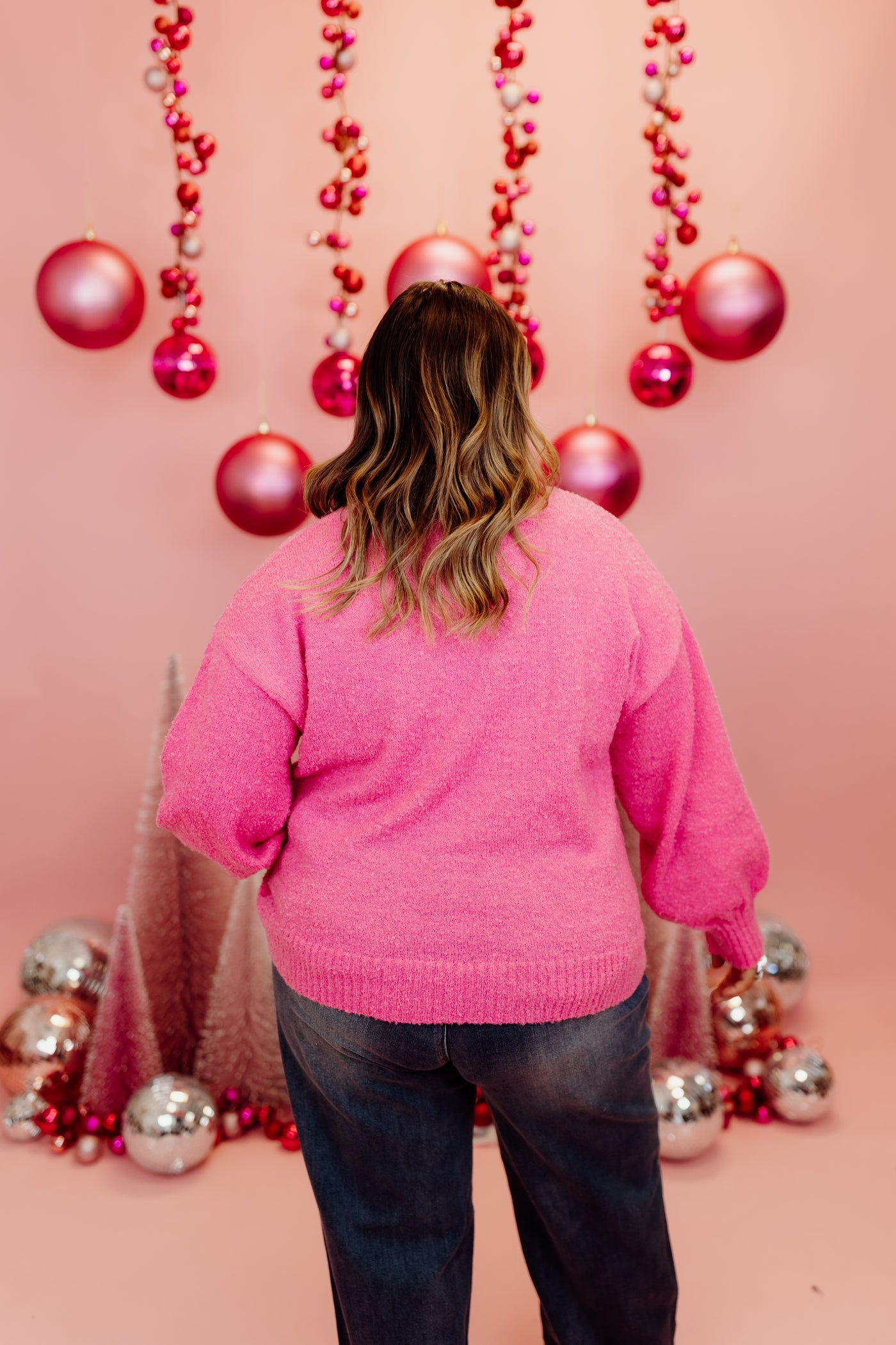 Pink Christmas Tree Threaded Oversized Sweater