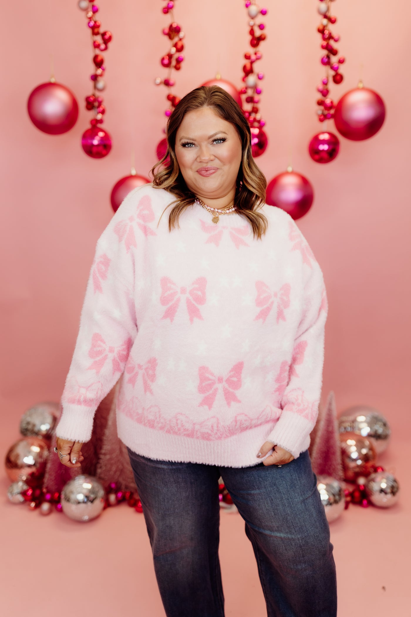 Light Pink Bow Detail Mohair Sweater