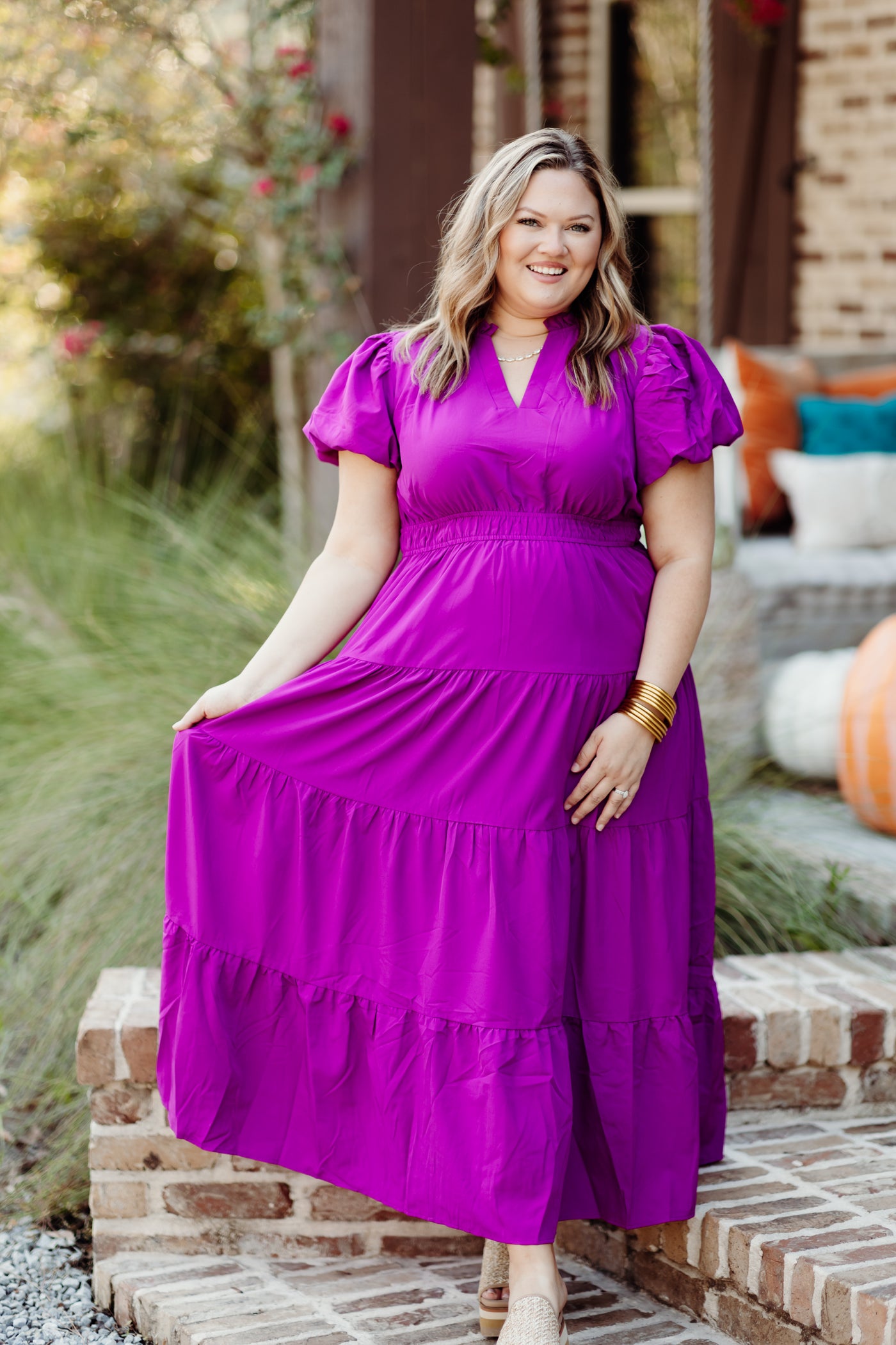 Violet Split Neck Puff Sleeve Tiered Maxi