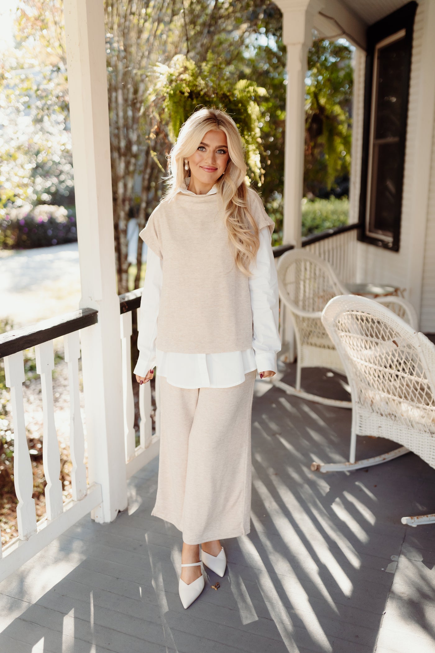 Natural Cowl Neck Top and Wide Leg Pant Set