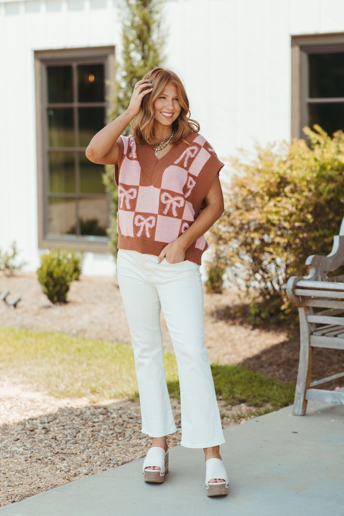 Brown/Light Pink Checkered Bow Detail Sleeveless Sweater