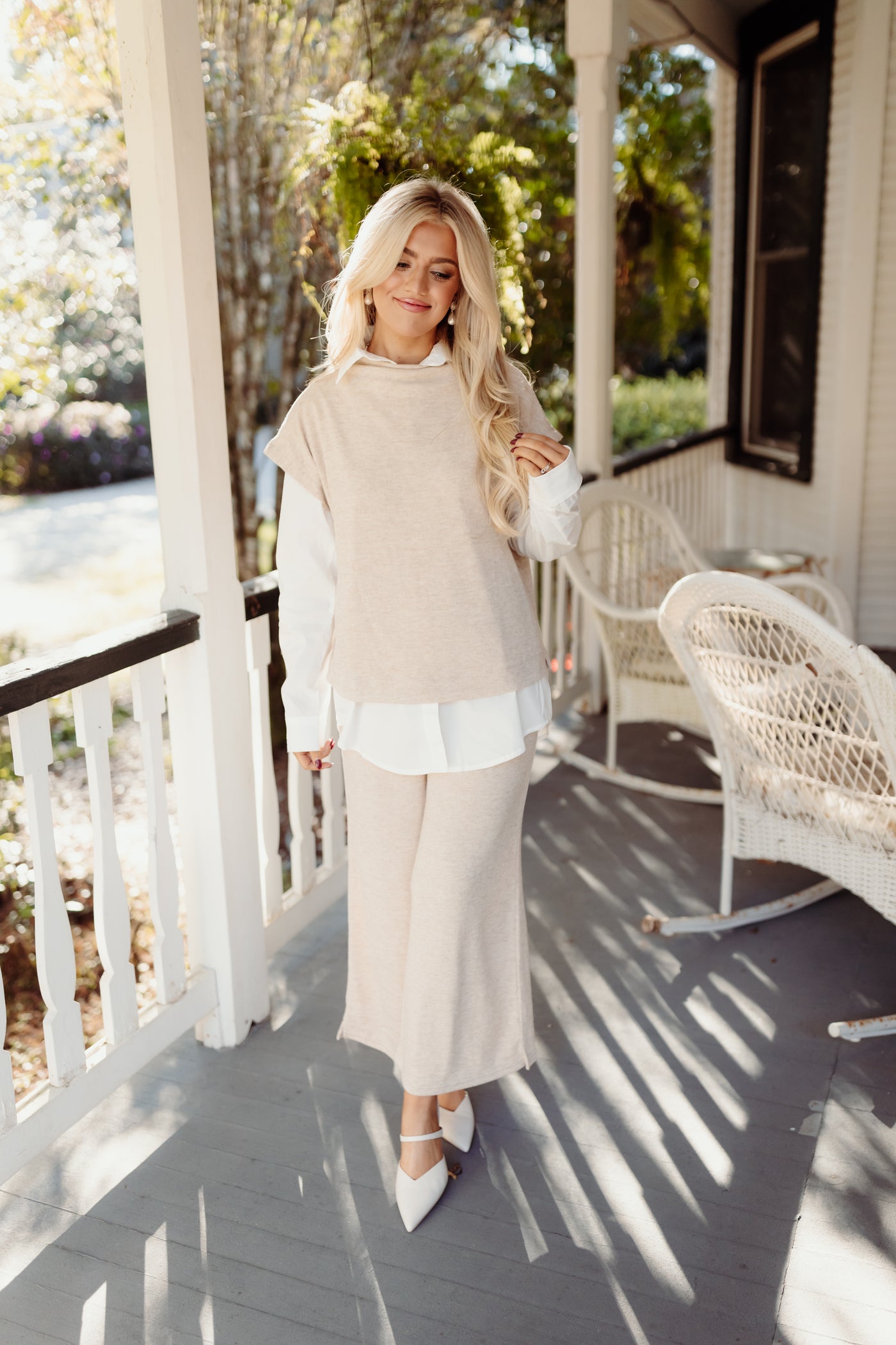 Natural Cowl Neck Top and Wide Leg Pant Set