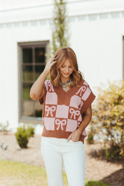 Brown/Light Pink Checkered Bow Detail Sleeveless Sweater