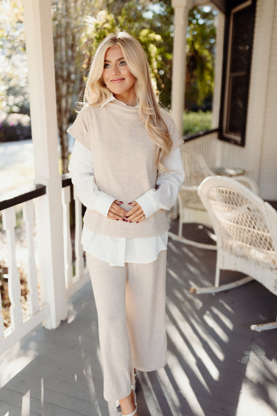 Natural Cowl Neck Top and Wide Leg Pant Set