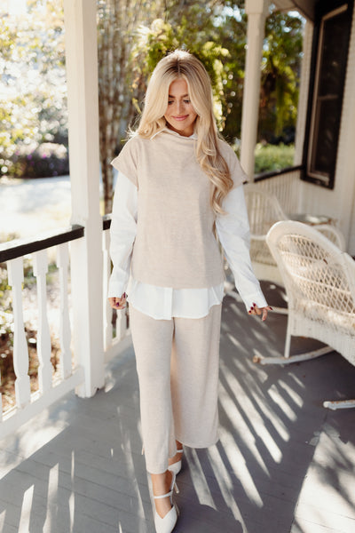 Natural Cowl Neck Top and Wide Leg Pant Set