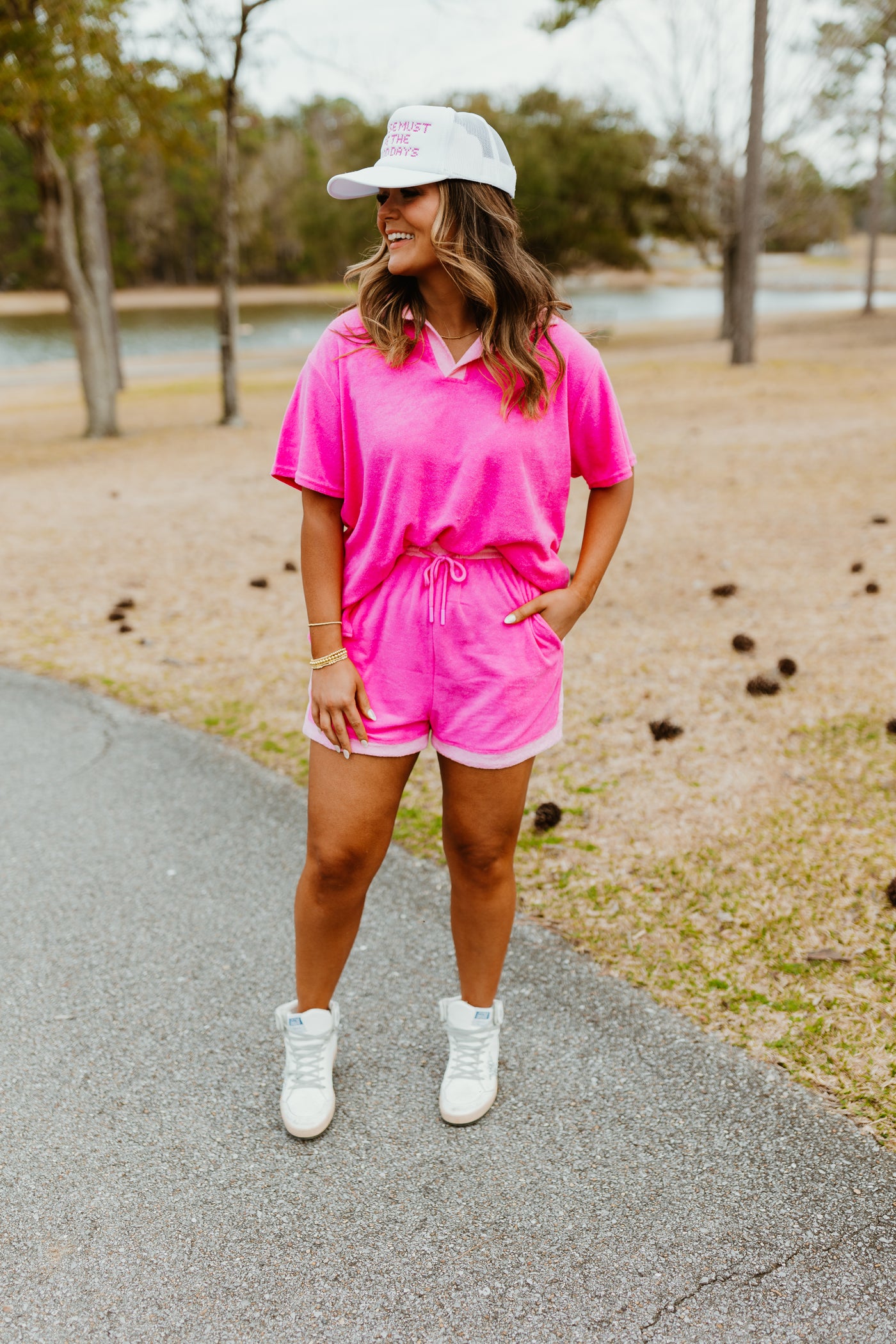 Pink Contrast Collar Terry Top and Short Set