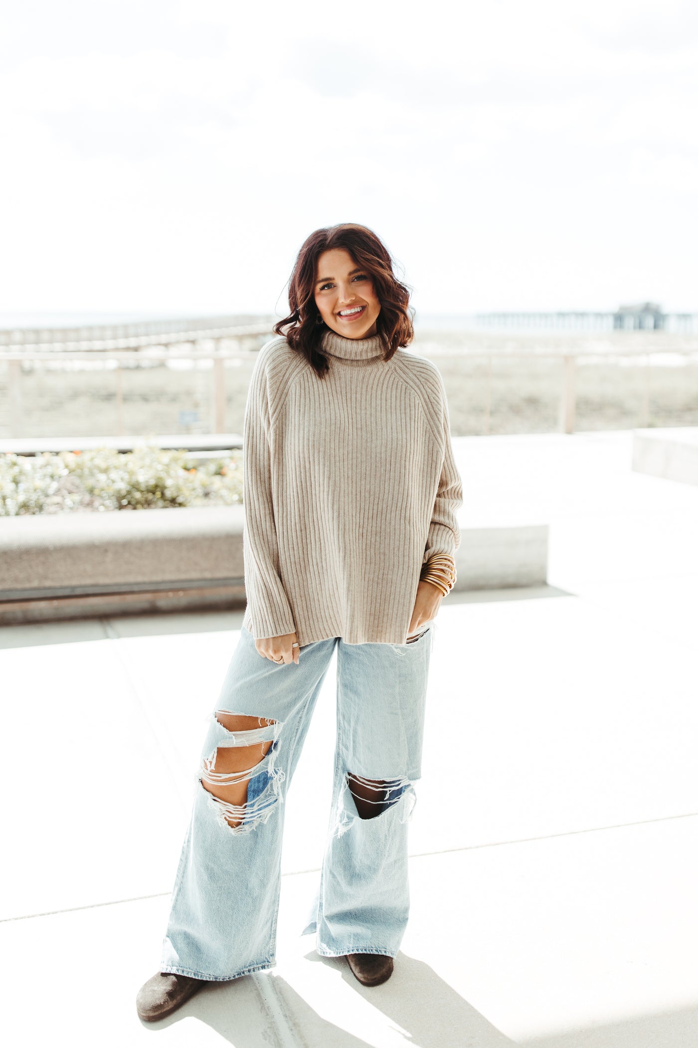 Oatmeal Ribbed Turtleneck Sweater
