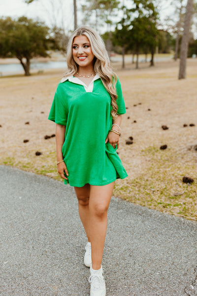 Green Terry Cloth Collared Athleisure Dress