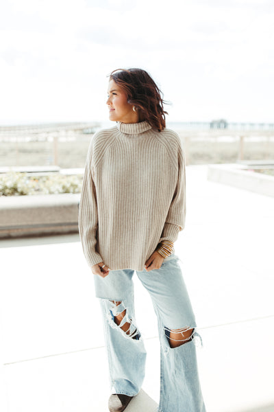 Oatmeal Ribbed Turtleneck Sweater