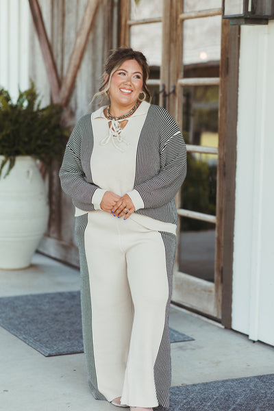 Oatmeal and Black Striped Sweater and Pant Set