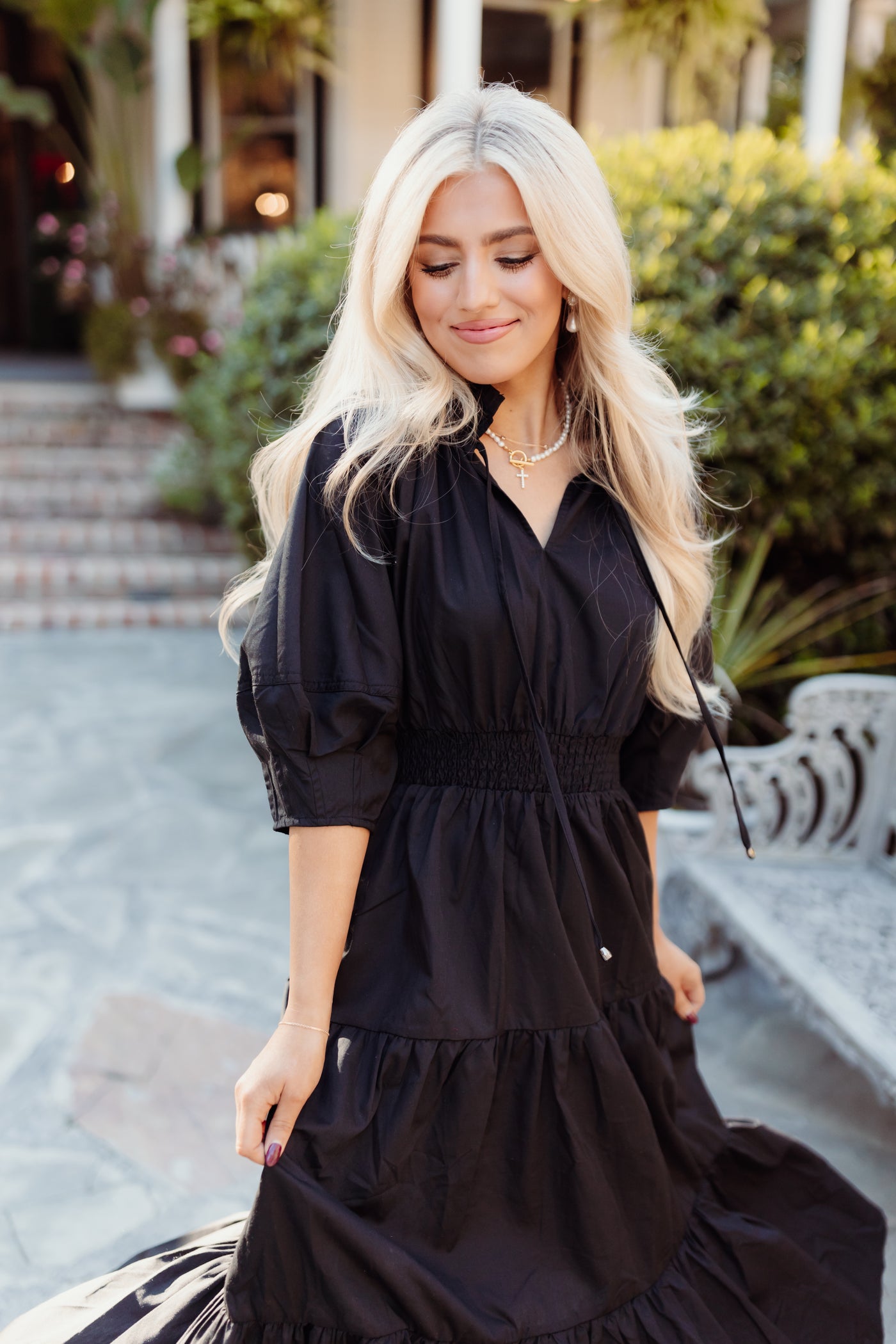 Black Notch Neck Half Sleeve Tiered Midi Dress