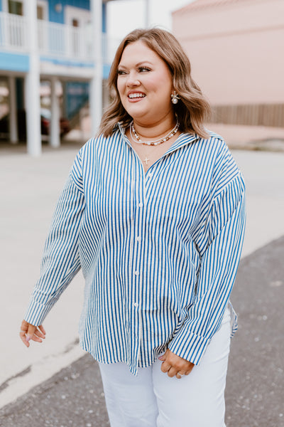 Blue Striped Oversized Button Down Top