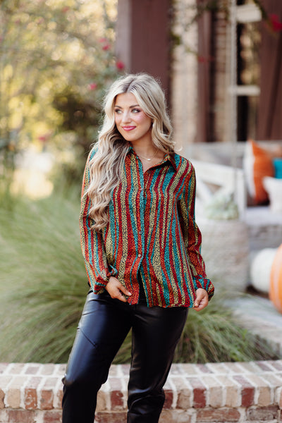 Multicolor Animal Print Abstract Button Down Blouse