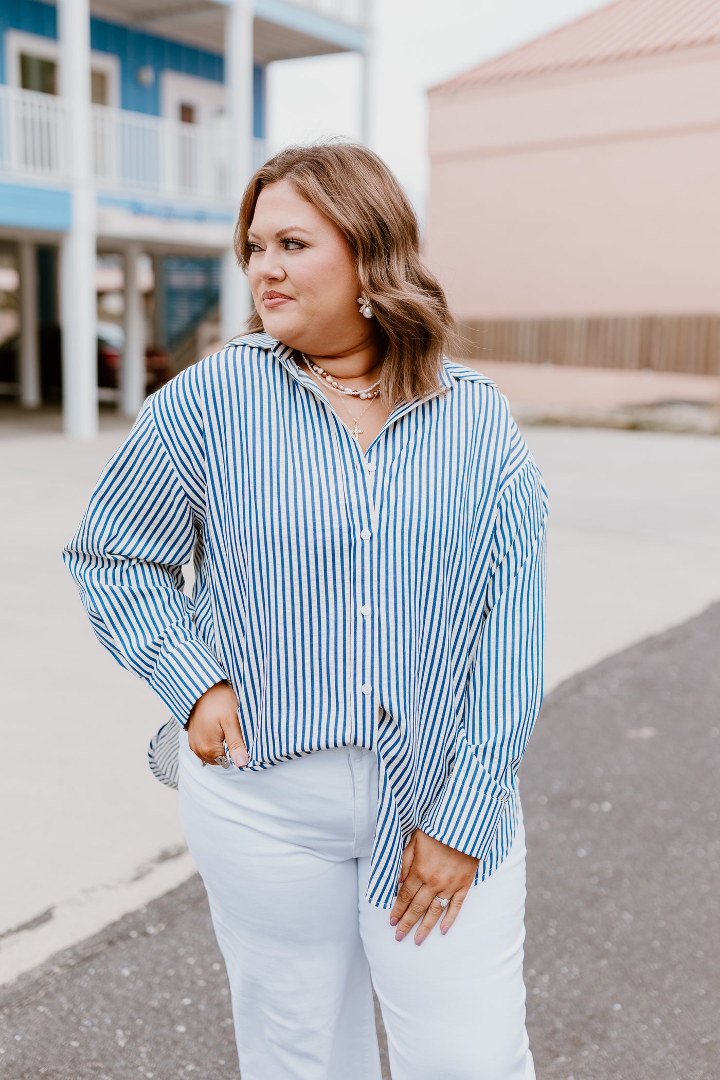 Blue Striped Oversized Button Down Top