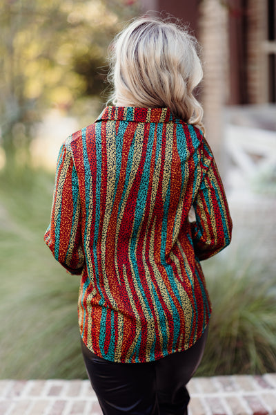 Multicolor Animal Print Abstract Button Down Blouse