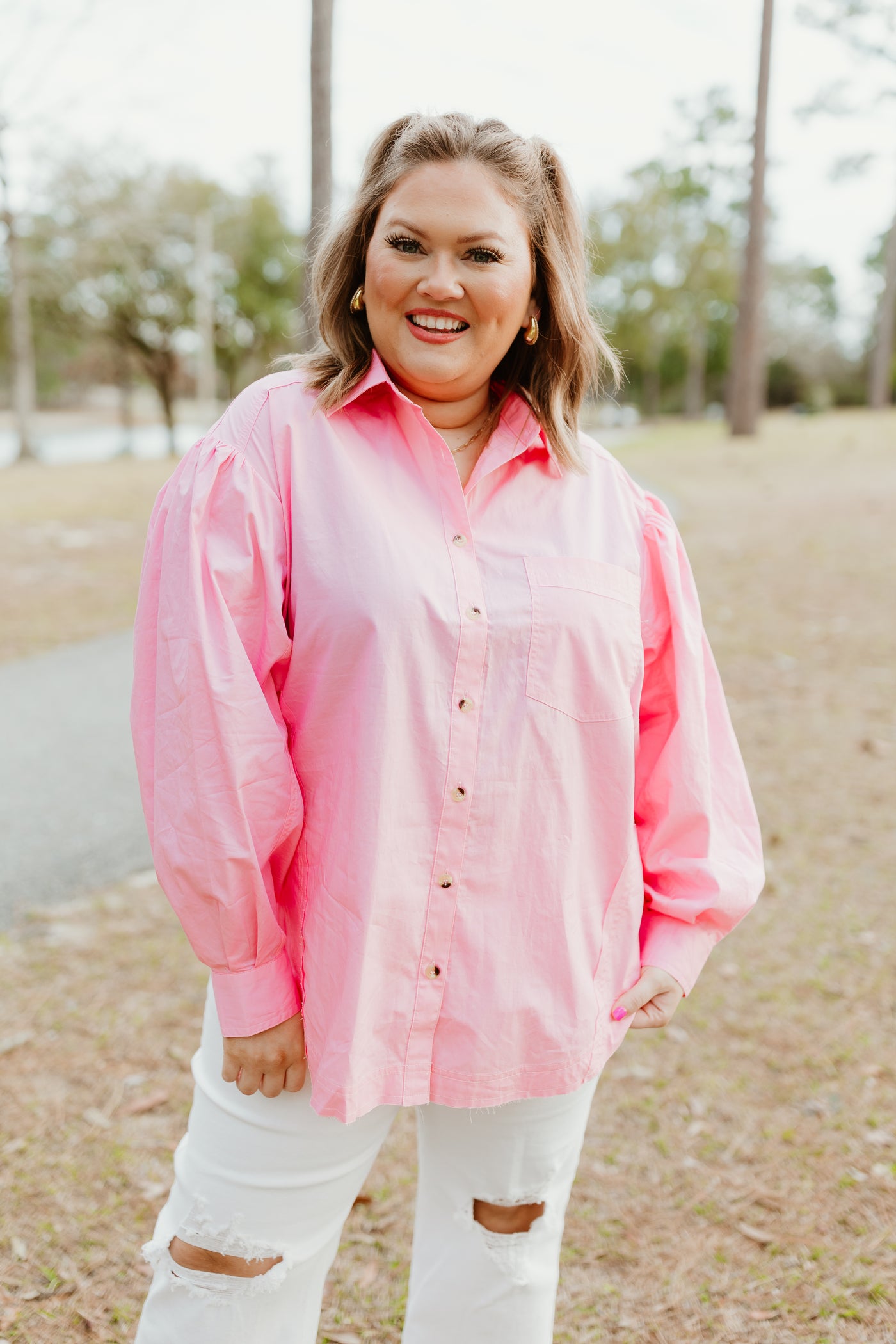 Light Pink Poplin Button Down Blouse