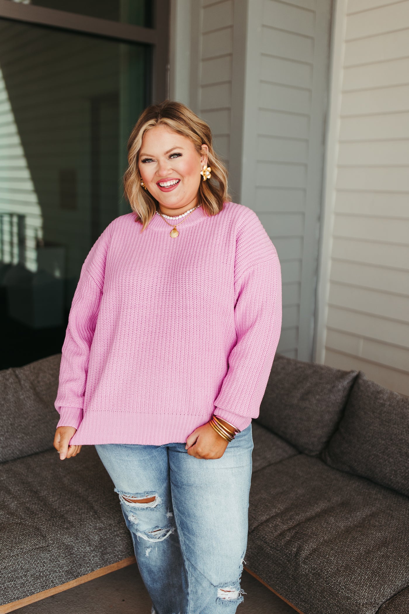 Pink Chunky Knit Round Neck Pullover