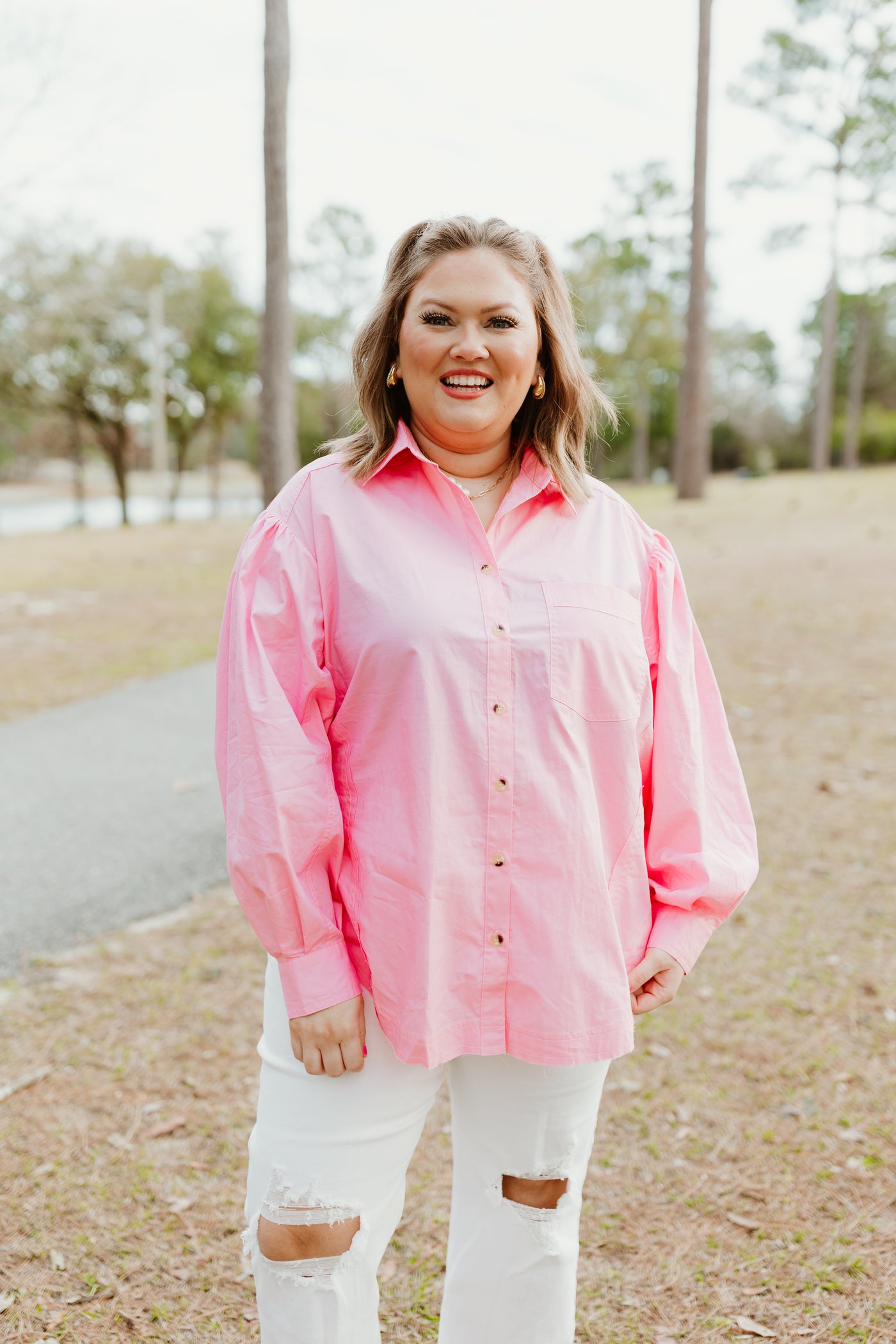 Light Pink Poplin Button Down Blouse