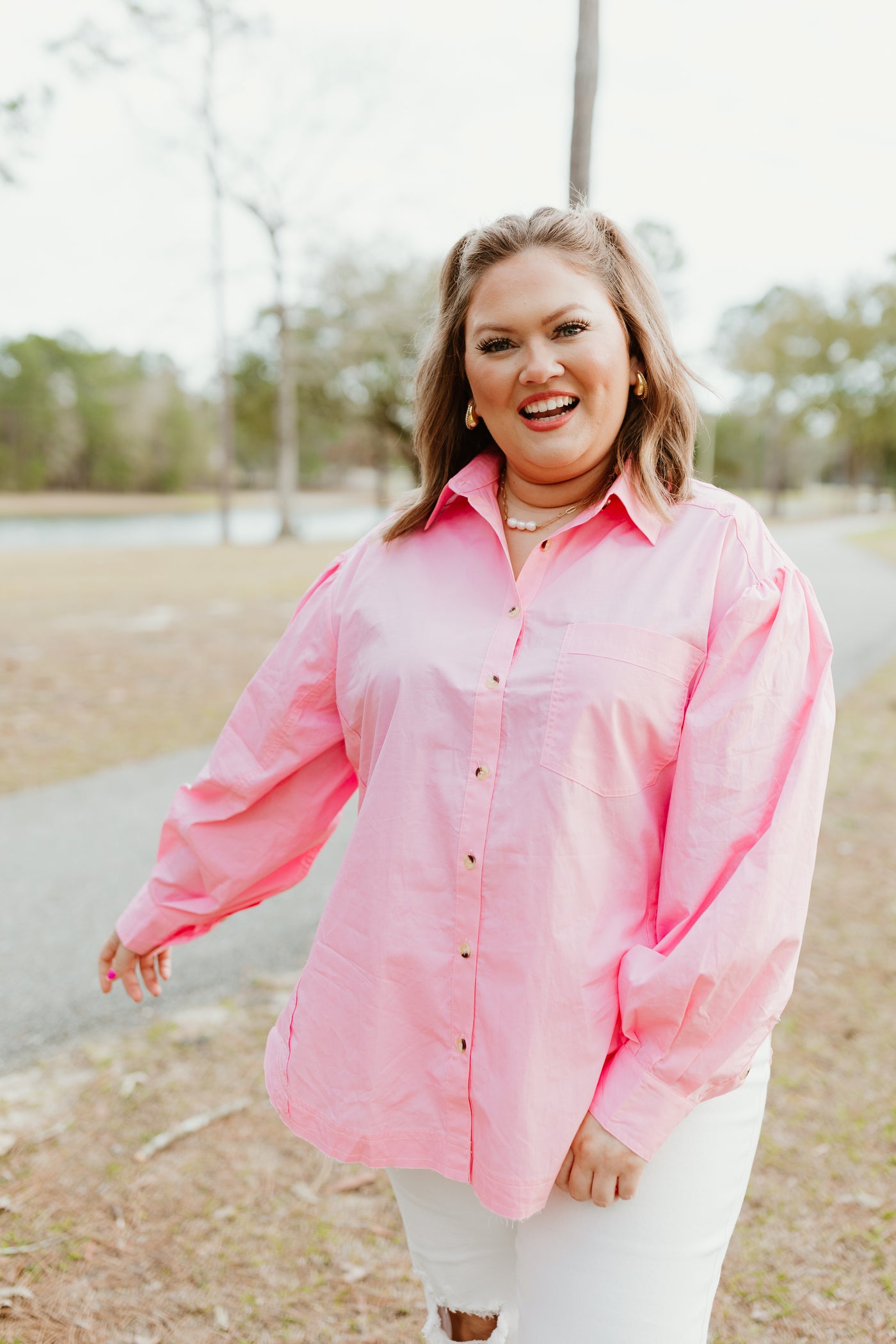 Light Pink Poplin Button Down Blouse