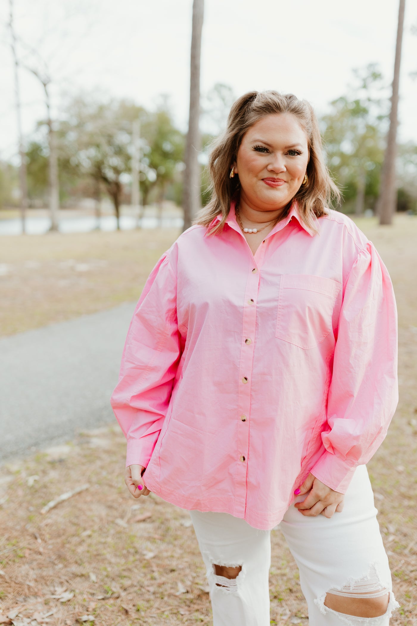 Light Pink Poplin Button Down Blouse