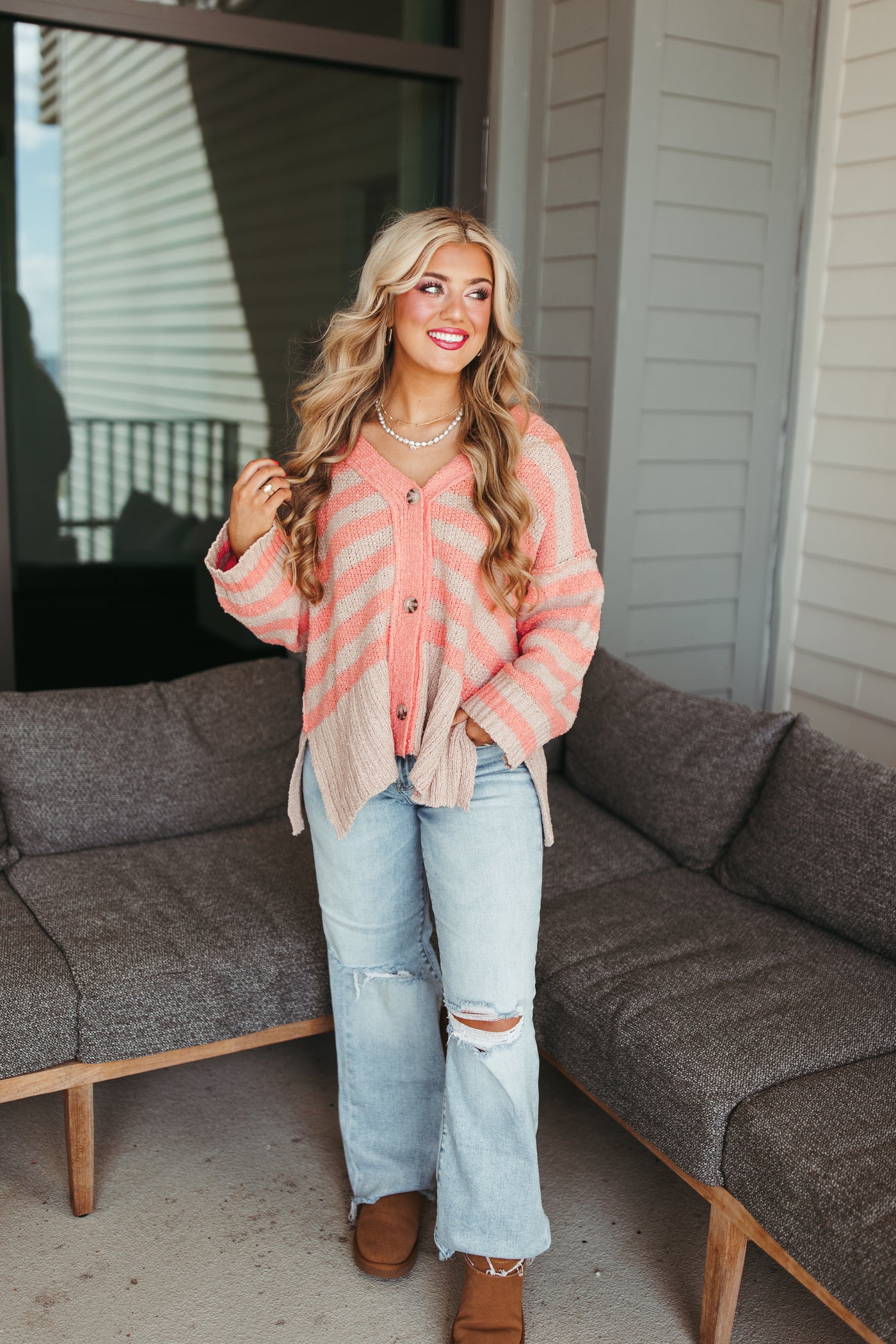 By Together Taupe and Coral Striped Button Cardigan