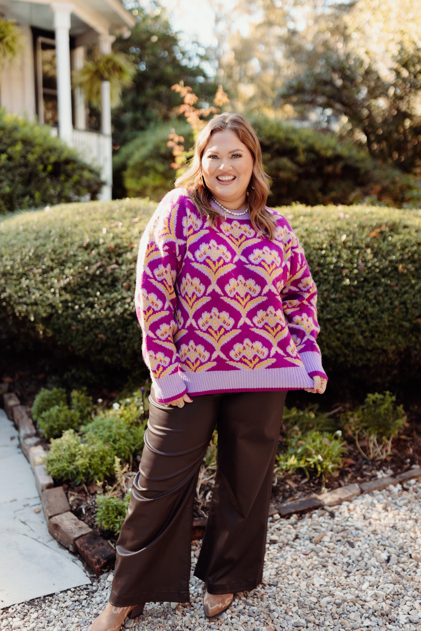 Lavender Plum Multi Floral Round Neck Sweater