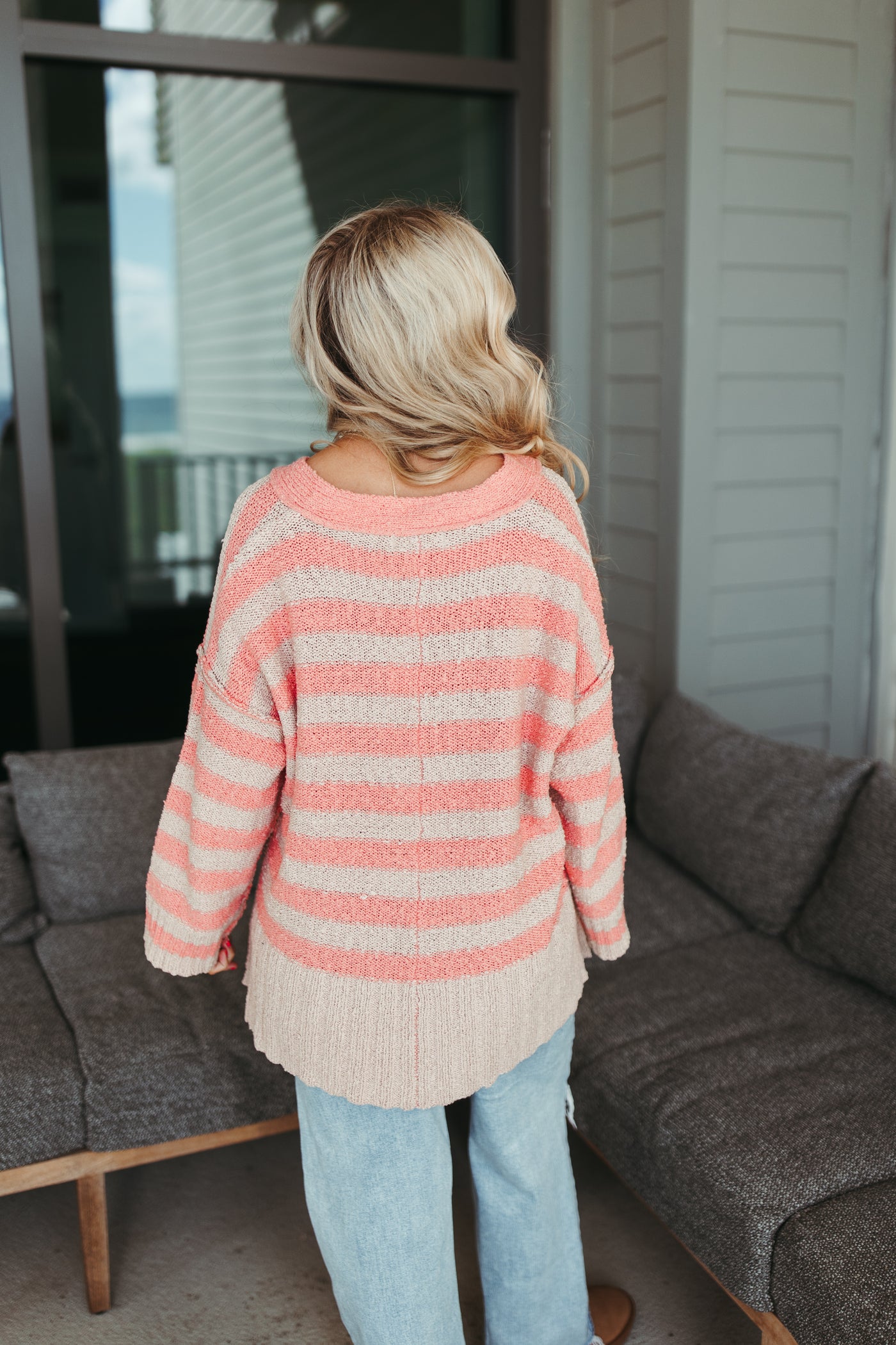 By Together Taupe and Coral Striped Button Cardigan