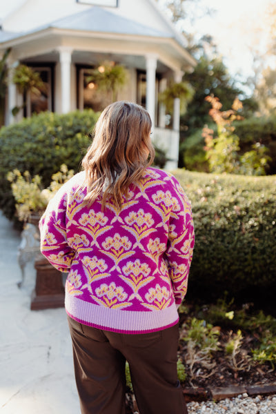 Lavender Plum Multi Floral Round Neck Sweater