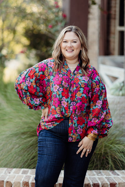 Teal and Fuchsia Mix Floral Bubble Sleeve Blouse