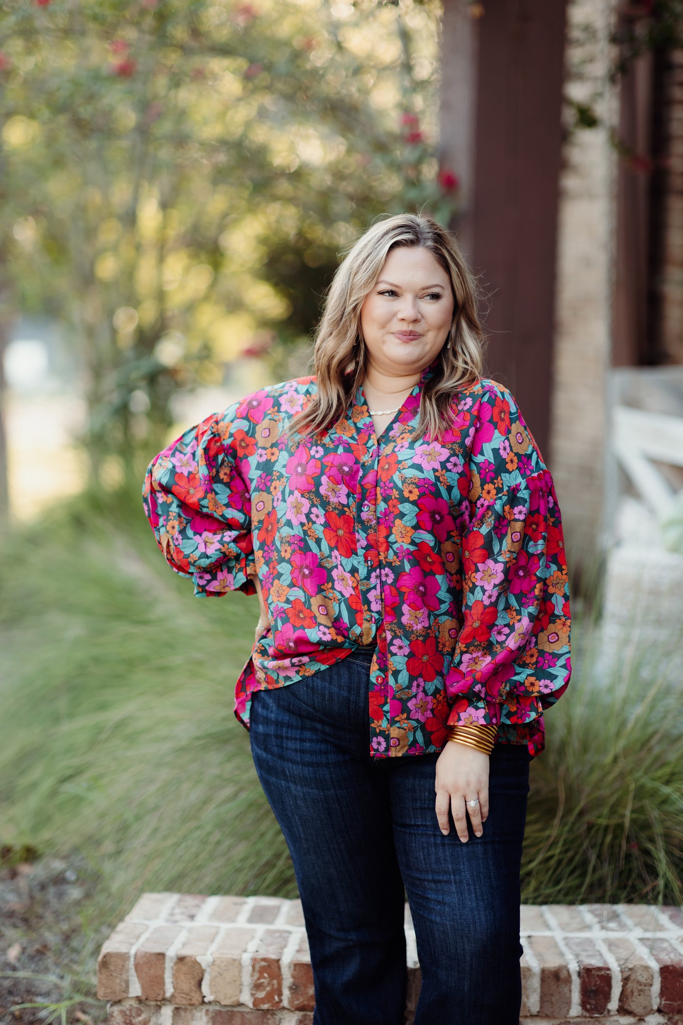 Teal and Fuchsia Mix Floral Bubble Sleeve Blouse