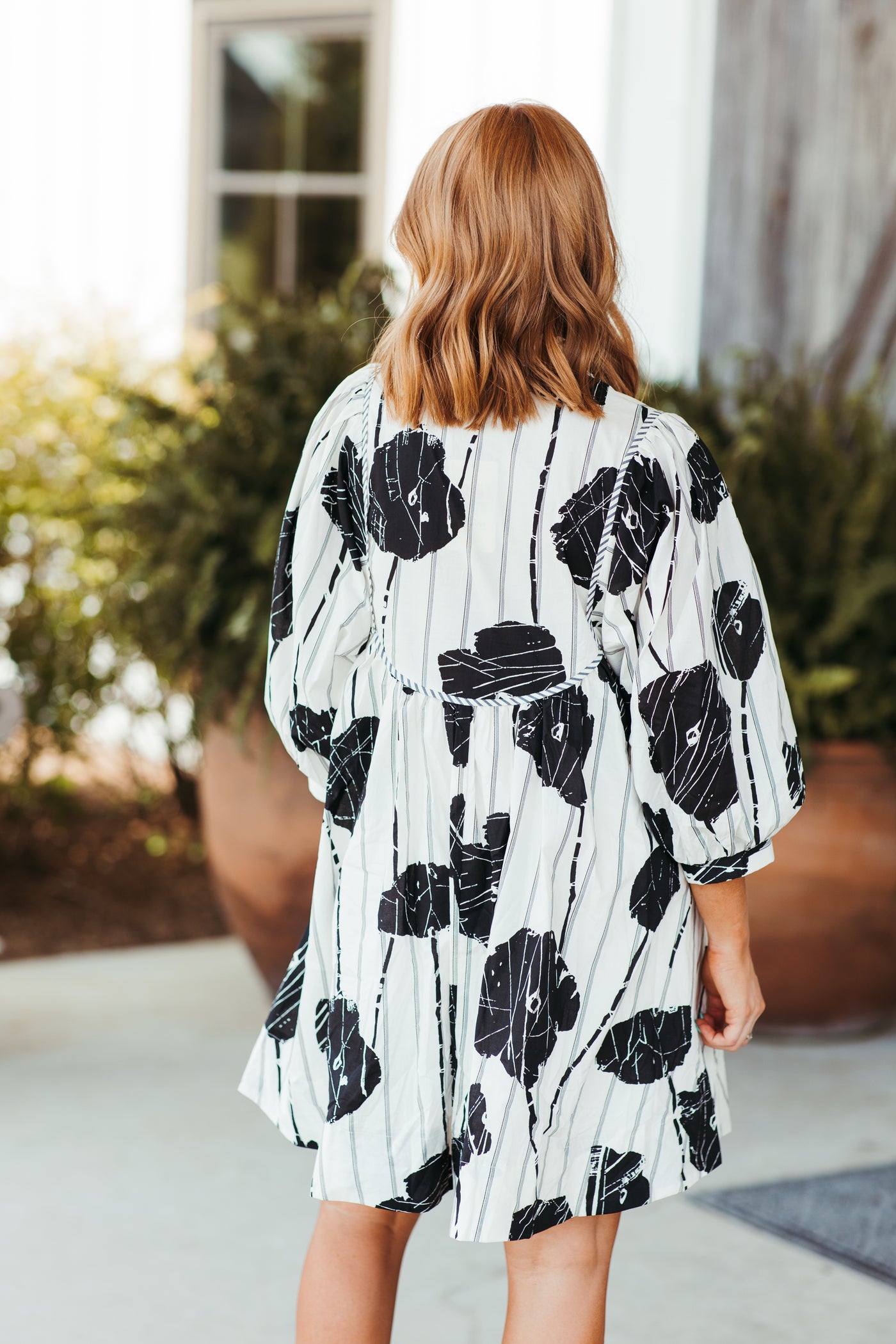 Black Printed V-Neck 3/4 Sleeve Dress