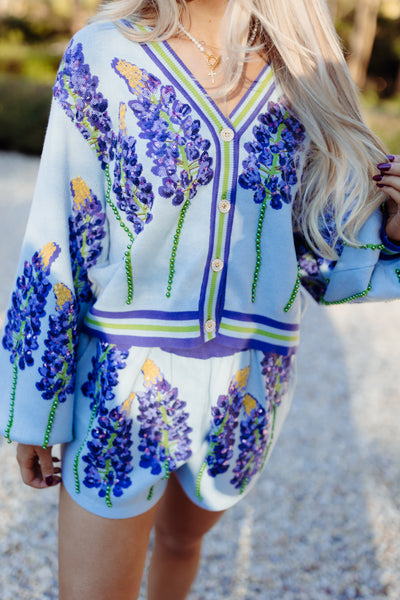 Queen of Sparkles Pale Blue Bluebonnets Knit Shorts