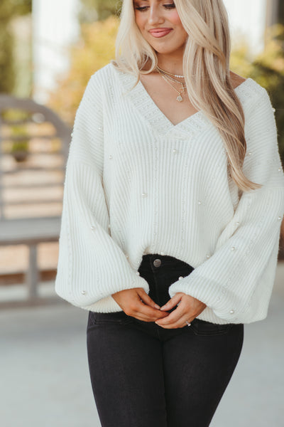 Ivory V-Neck Long Sleeve Pearl Trim Sweater