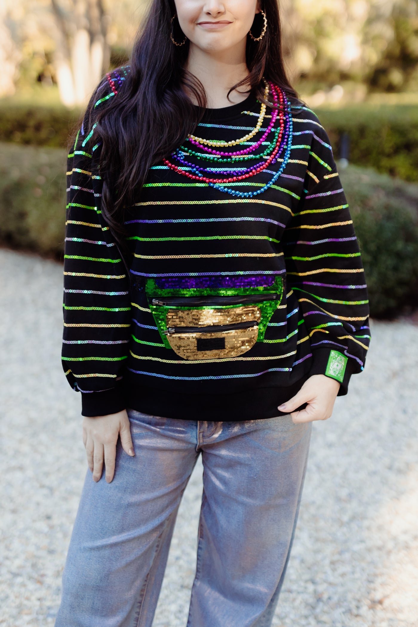 Queen of Sparkles Black Oversized Stripe Fanny Pack & Mardi Gras Bead