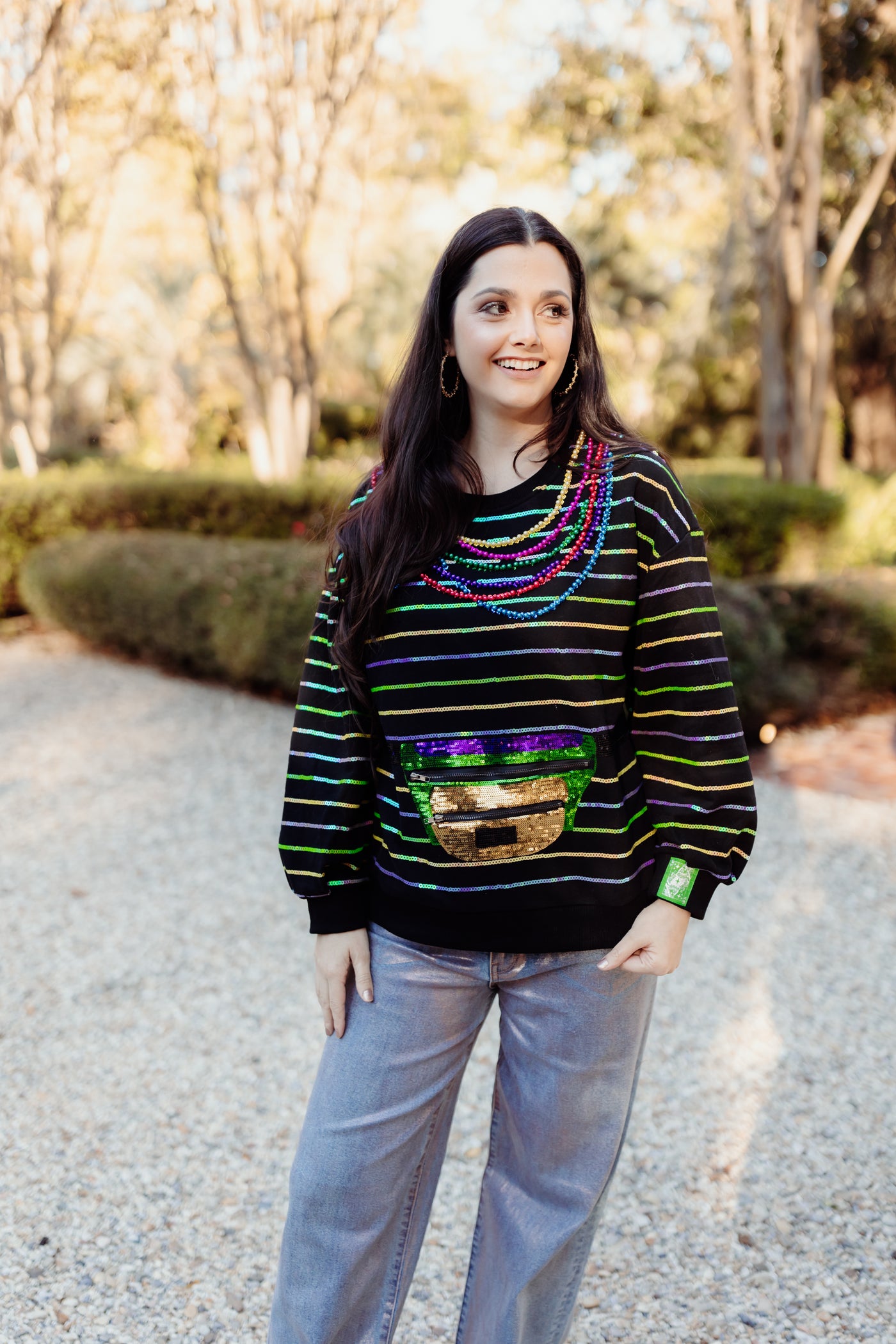 Queen of Sparkles Black Oversized Stripe Fanny Pack & Mardi Gras Bead