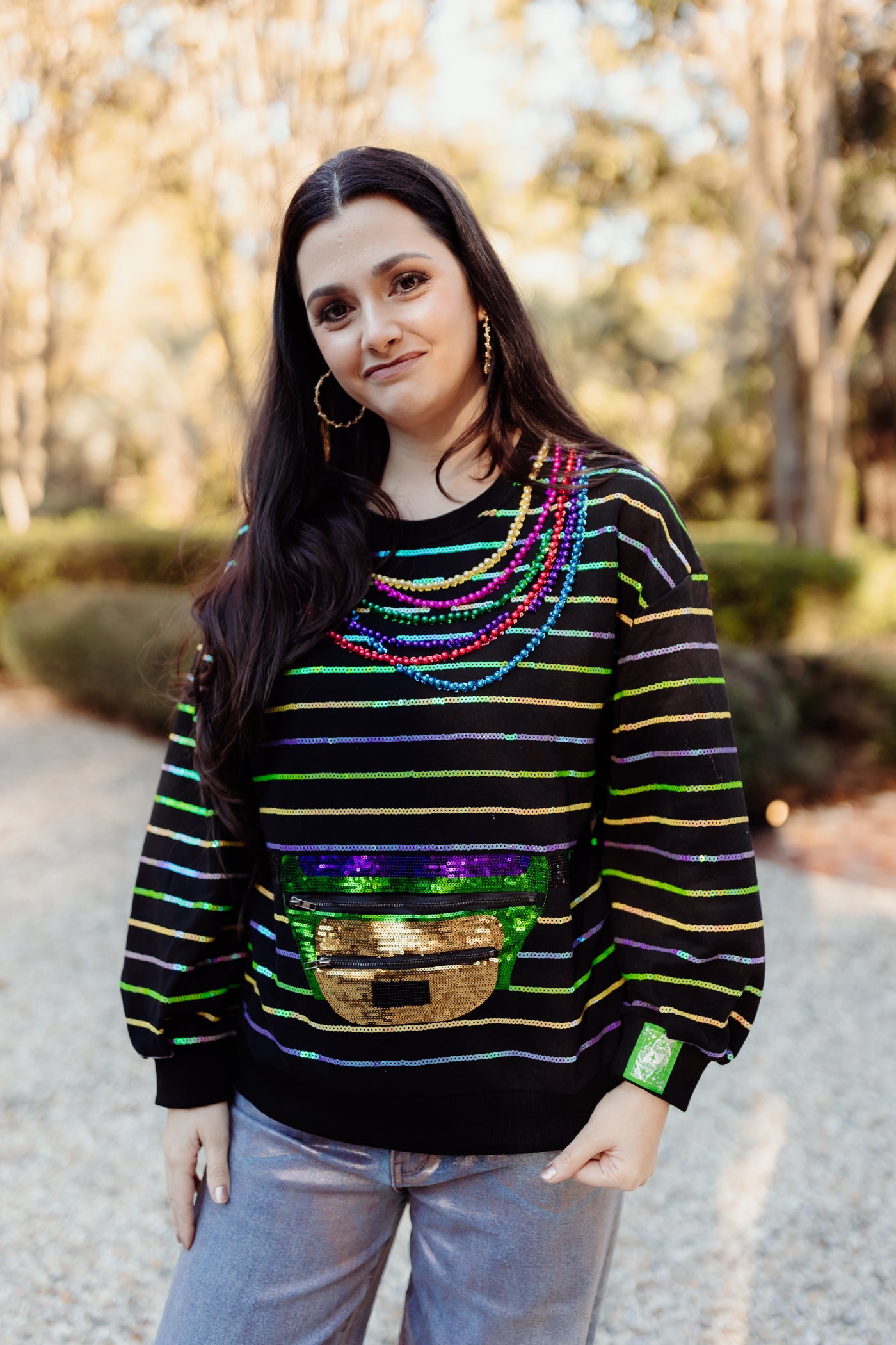 Queen of Sparkles Black Oversized Stripe Fanny Pack & Mardi Gras Bead