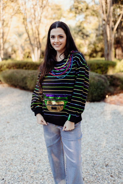 Queen of Sparkles Black Oversized Stripe Fanny Pack & Mardi Gras Bead