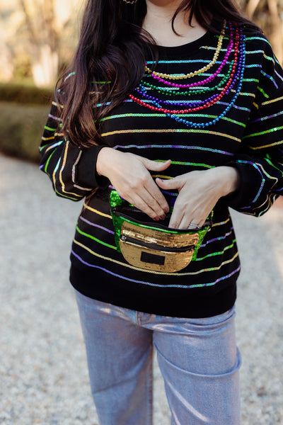 Queen of Sparkles Black Oversized Stripe Fanny Pack & Mardi Gras Bead