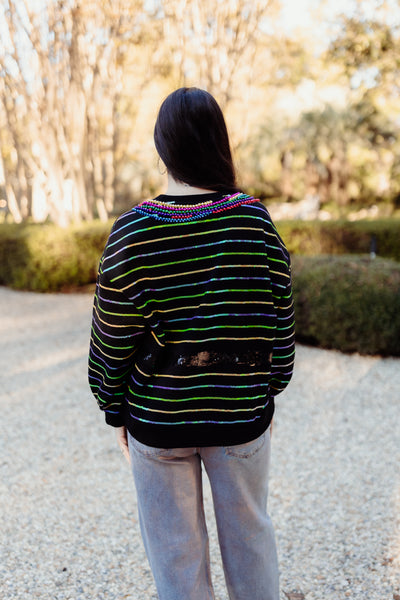 Queen of Sparkles Black Oversized Stripe Fanny Pack & Mardi Gras Bead