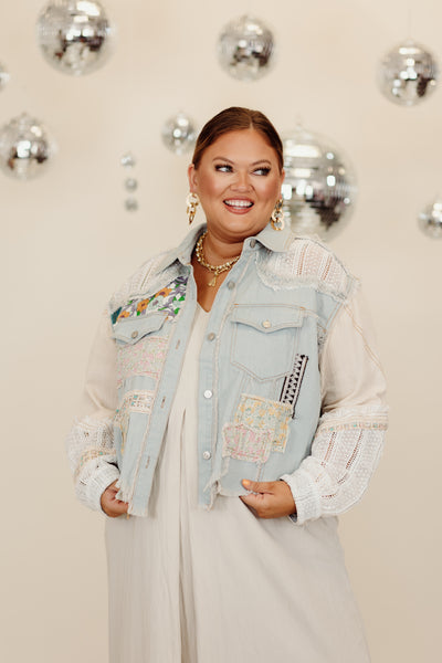 Light Denim Crochet Patchwork Oversized Jacket