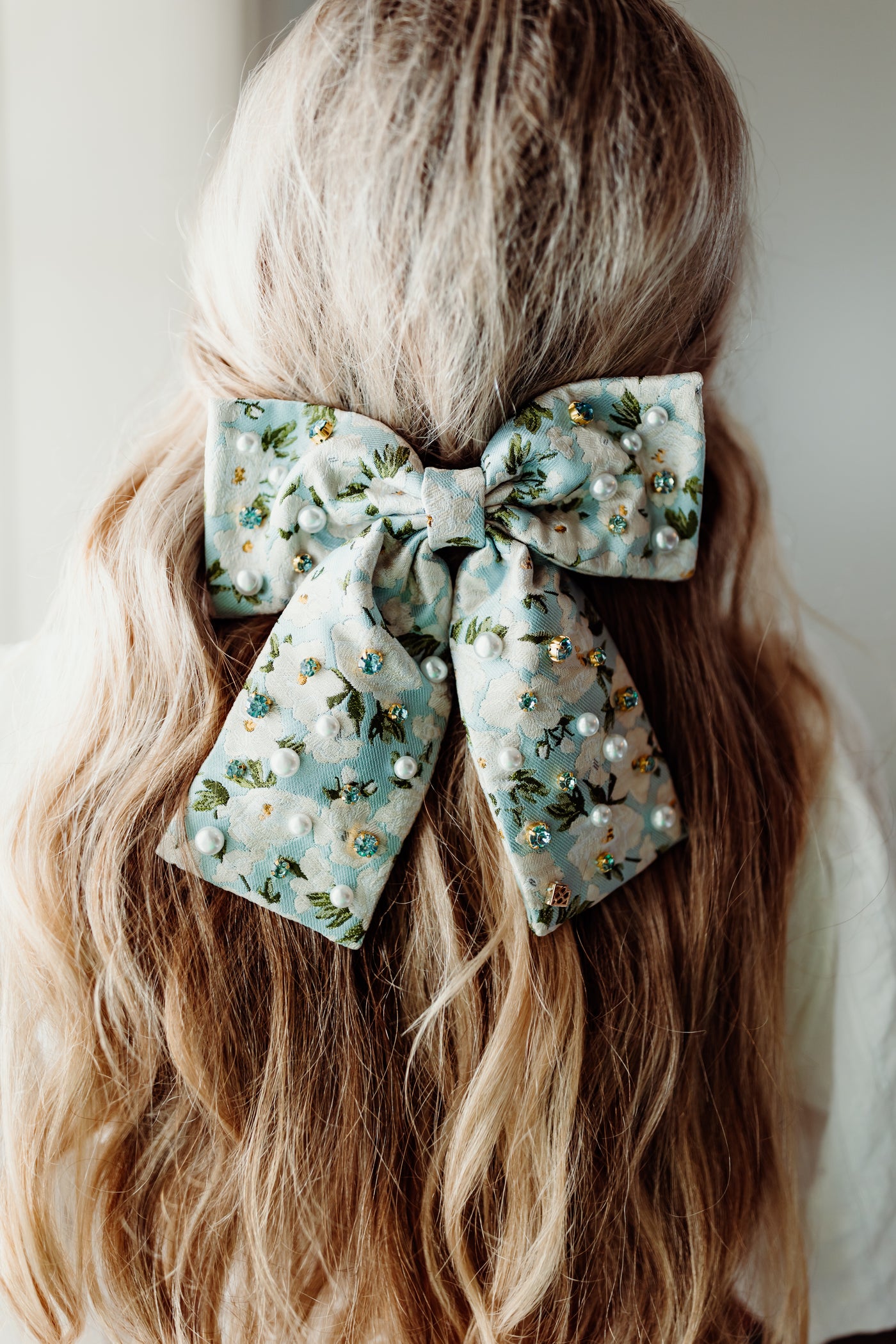Brianna Cannon Light Blue & White Floral Barrette Bow with Crystals & Pearls
