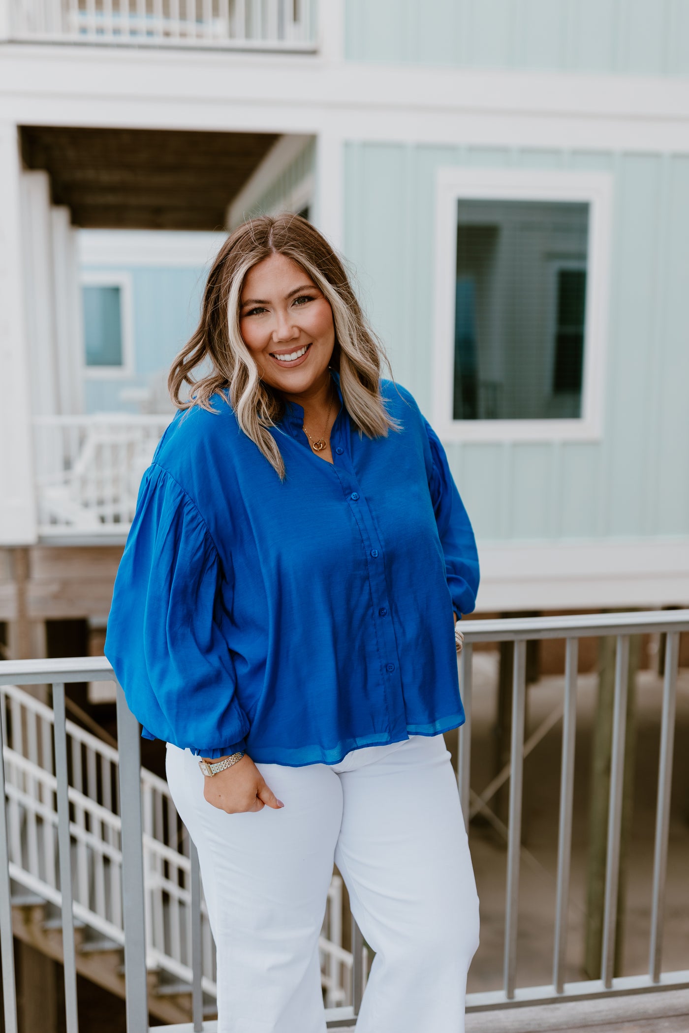 Royal Blue Puff Sleeve Button Down Blouse