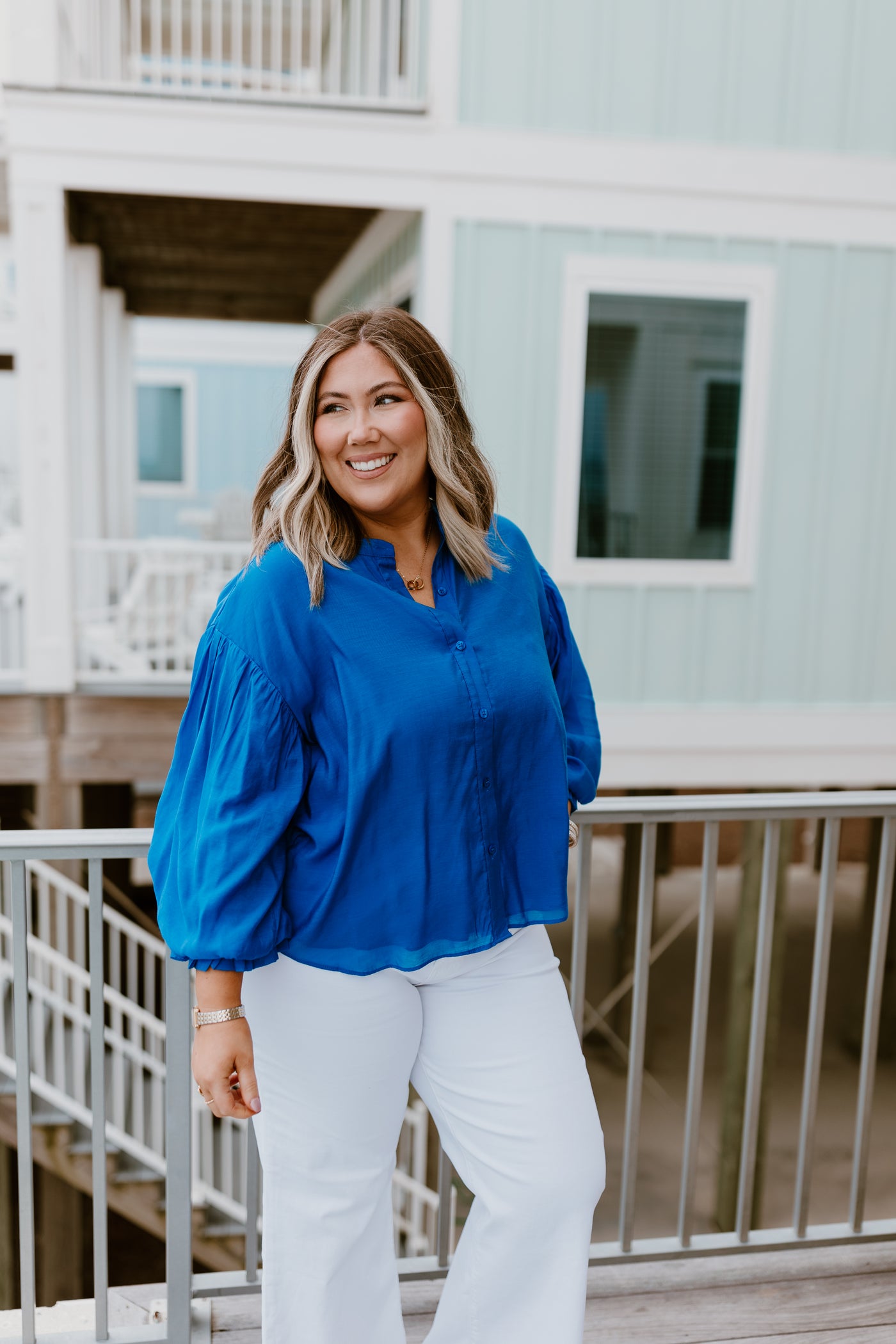 Royal Blue Puff Sleeve Button Down Blouse