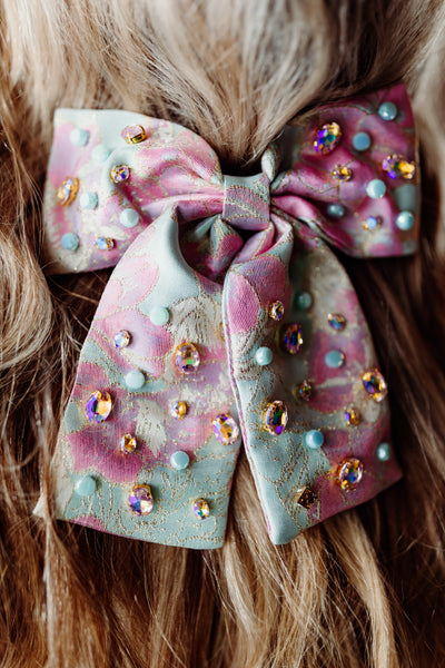 Brianna Cannon Blue & Pink Brocade Bow Barrette with Crystals and Stones
