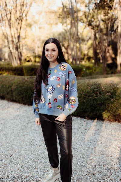 Queen of Sparkles Blue Louisiana Food Sweatshirt