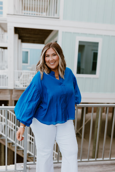 Royal Blue Puff Sleeve Button Down Blouse